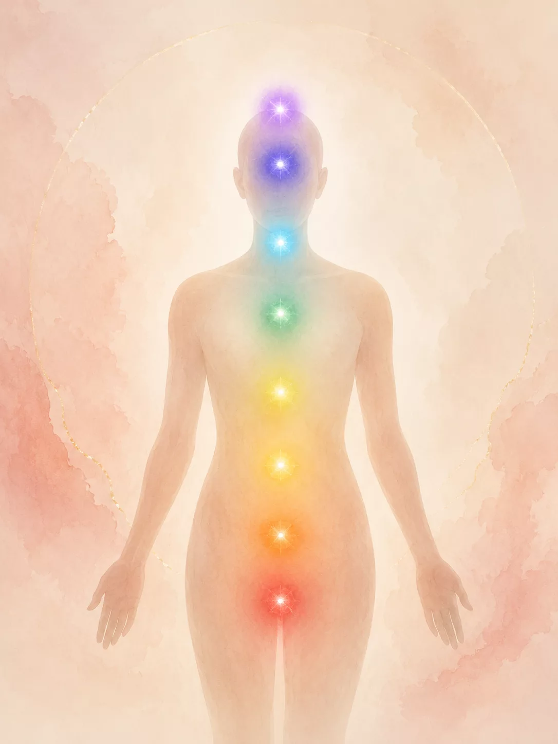Silhouette humaine avec les sept chakras lumineux alignés le long de la colonne vertébrale