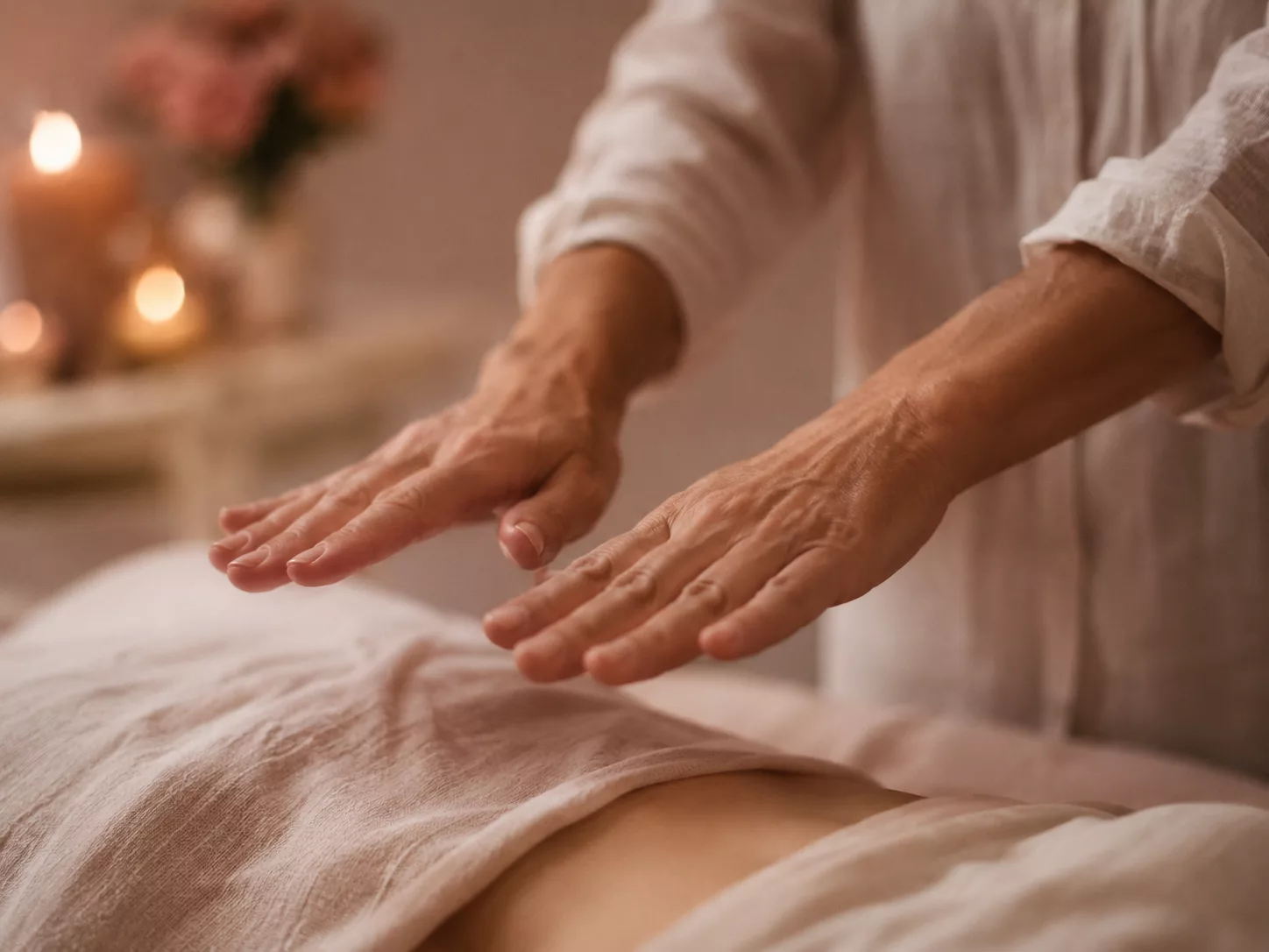 Mains de la praticienne Reiki posées près du corps lors d'une séance de soin énergétique