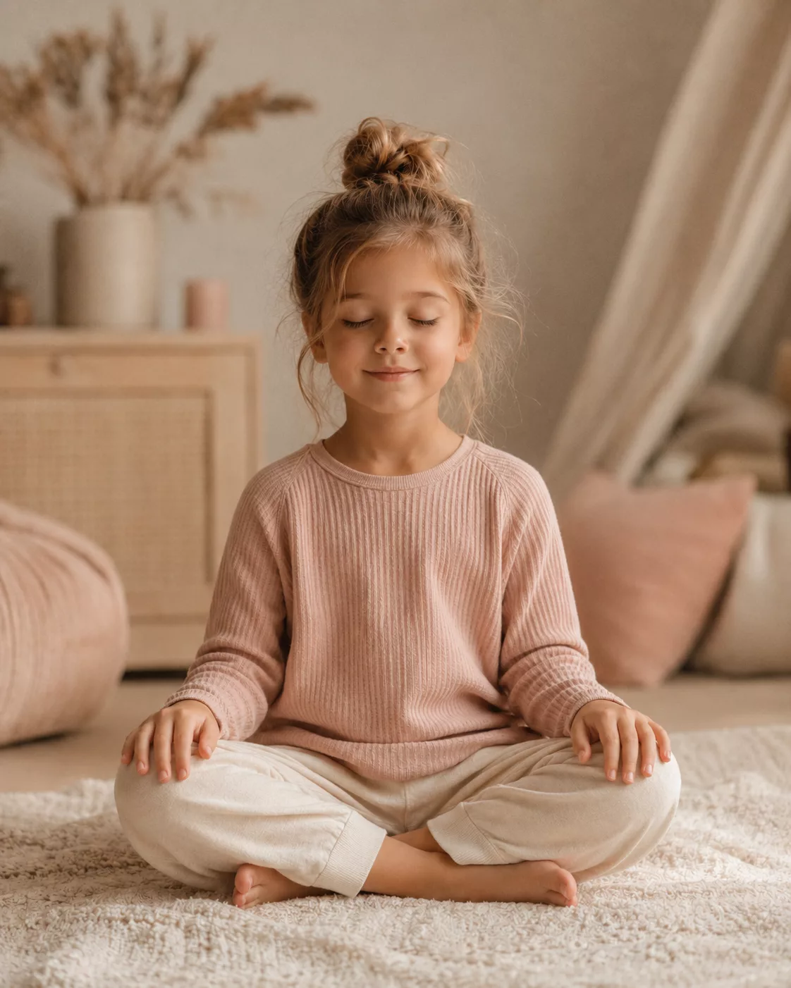 Enfant assis en position de méditation, séance de pleine conscience guidée